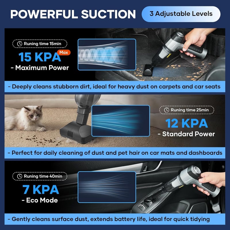 SakerPlus Mini Vacuum Cleaner, 3 in 1 Car Vacuum Cleaner High Power, 15000PA Powerful Suction, Air Duster, 7500mAh, Dual Filter,Adjustable Small Vaccum Portable Cordless for Cars,Desktop,Home - HL137 - Image 5